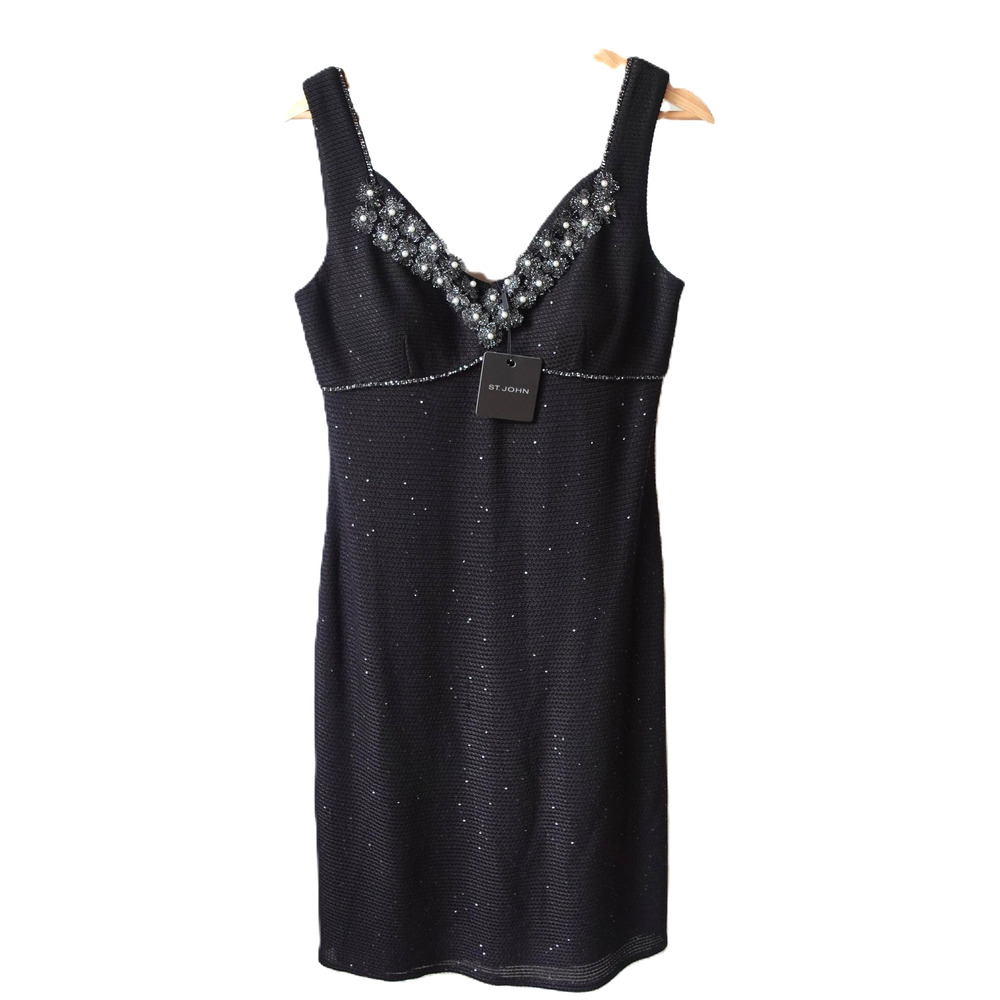 St John Dress Womens 6 Black Caviar Beaded Embellished Knit‎ Cocktail NWT $1695